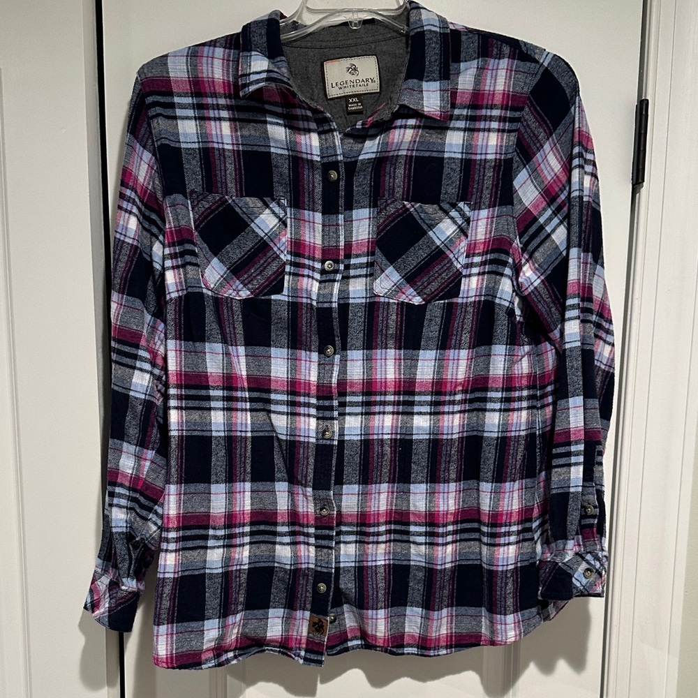 Legendary Whitetails Navy, Pink & White Plaid Flannel Shirt
